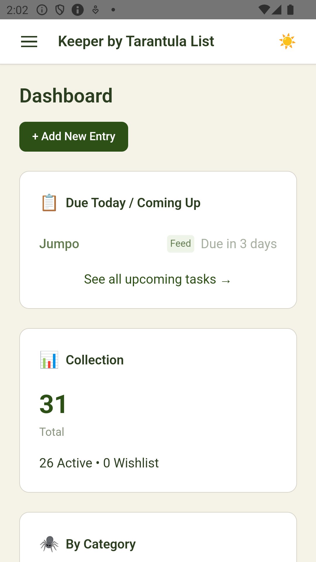 Dashboard showing upcoming feedings and collection overview