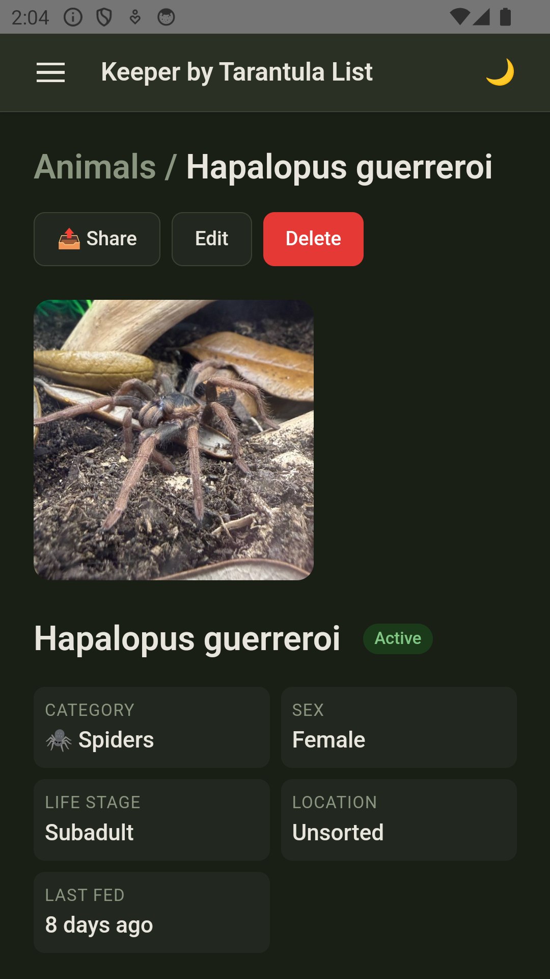 Animal detail page with photo, category, sex, life stage and last fed date