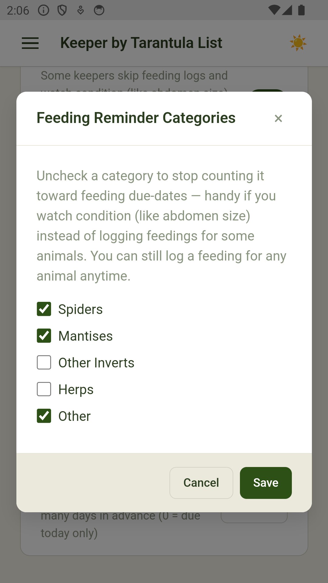 Feeding reminder category settings, letting you turn off due-dates per category