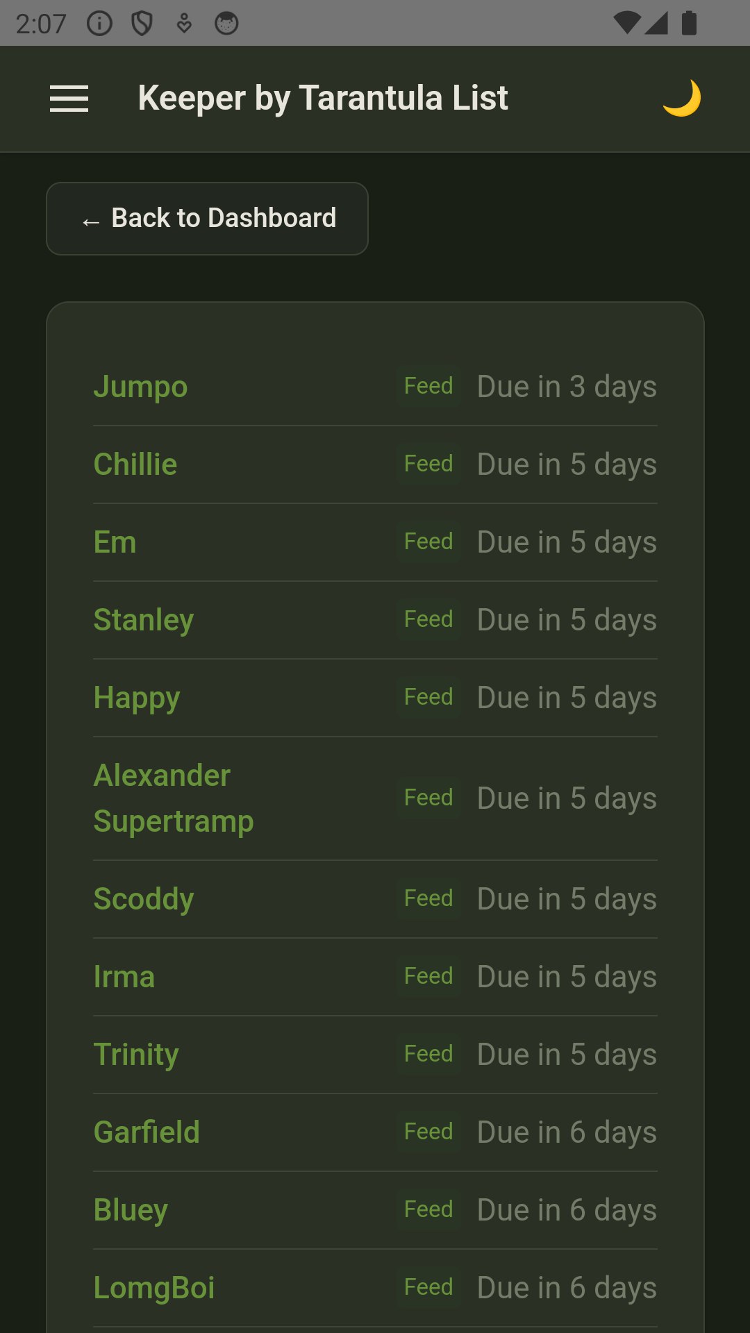Full upcoming schedule of feedings across the collection